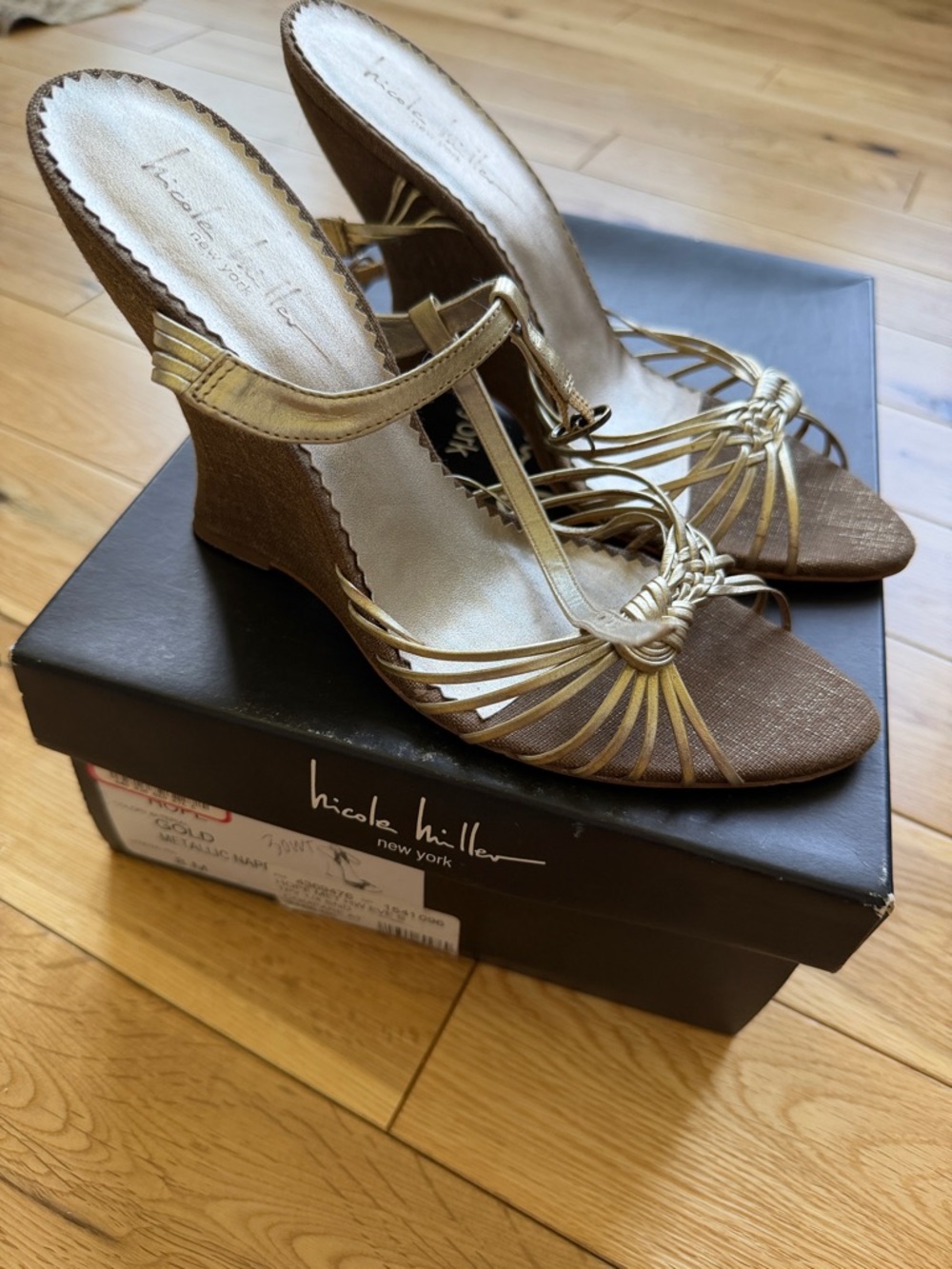 Nicole Miller Metallic Gold and Brown Knotted T-Strap Wedge Sandals